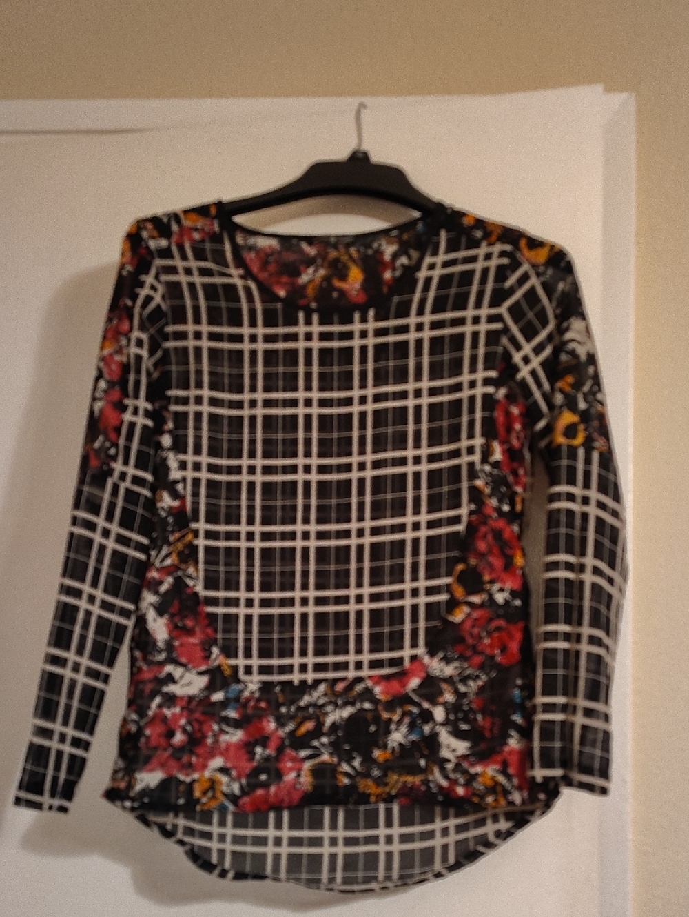 Women's Black Grid Long-Sleeve Top with Red Floral Accents